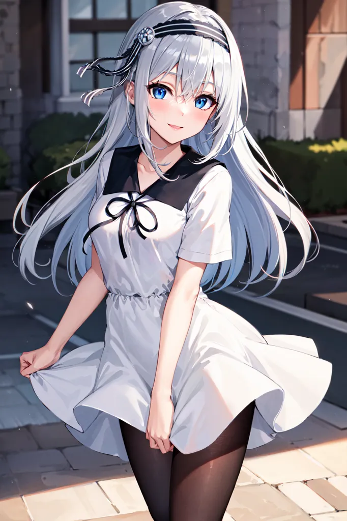 The image shows a young girl with long white hair and blue eyes. She is wearing a white dress with a black bow and black stockings. She is standing on a stone path in front of a building. The girl is smiling and looks happy.