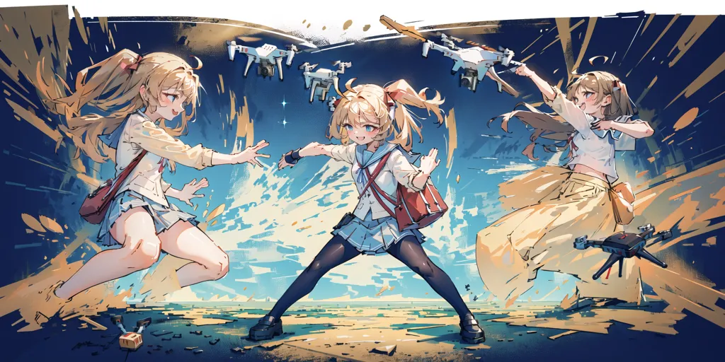 The image is an anime-style illustration of a girl fighting against three drones. The girl is in her school uniform, with a yellow sweater, gray skirt, and black boots. She has long blonde hair and blue eyes. She is armed with a pair of Escrima sticks. The drones are small and white, with four propellers each. They are armed with guns. The girl is surrounded by debris, and the background is a blue sky with clouds. The image is in a dynamic style, with the girl in the center of the action. The colors are bright and vibrant, and the overall effect is one of excitement and danger.