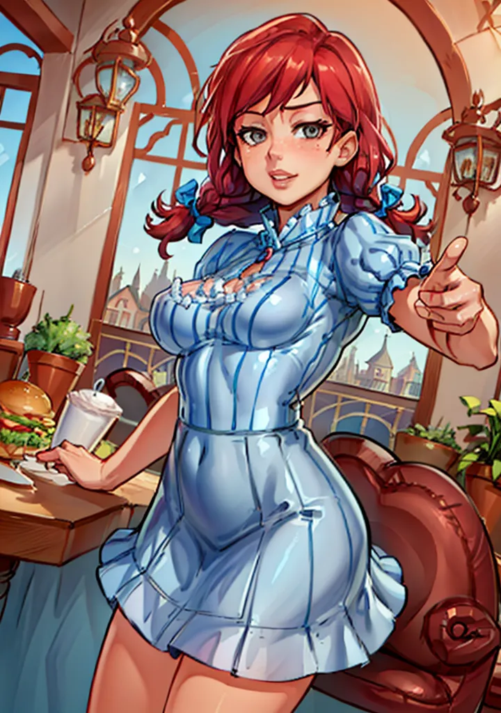 The image is of a young woman with red hair and blue eyes. She is wearing a white and blue striped dress with a white apron. The dress is short and has a pleated skirt. The woman is standing in a restaurant and is holding a tray with a burger and a drink on it. She has a friendly smile on her face and is looking at the viewer. The restaurant is decorated with red and white checkered tablecloths and there are plants in the background.