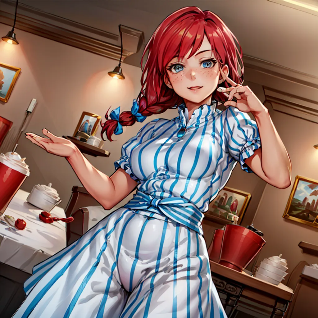 Esta imagen representa una ilustración de estilo anime de una mujer joven que lleva el uniforme de Wendy's. Tiene el cabello rojo brillante recogido en una coleta lateral con un lazo azul. Lleva un vestido a rayas blanco y azul con un cinturón marrón y una etiqueta con su nombre que dice "Wendy". Está de pie en un restaurante Wendy's, con una mesa de comida y bebidas detrás de ella.