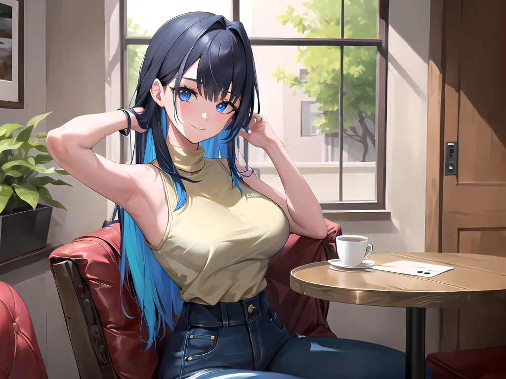 The image shows a young woman with long blue hair sitting in a chair in a sunny room. She is wearing a yellow sleeveless turtleneck top and blue jeans. She has her hands in her hair and is looking at the viewer with a smile on her face. There is a cup of coffee on the table next to her. The background is a window with a view of trees outside.