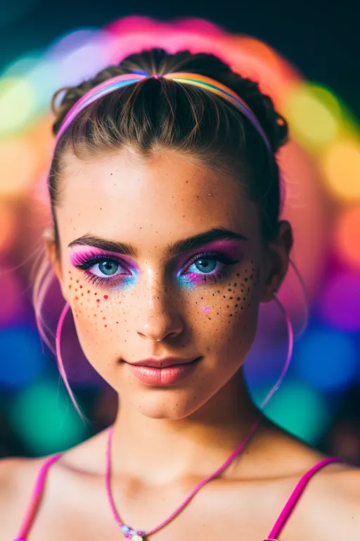 The image shows a young woman with bright and colorful makeup. She has blue and pink eyeshadow, fake freckles, and bright pink lip gloss. She is wearing a rainbow headband and a pink necklace. She is looking at the camera with a slight smile on her face. The background is blurred and has a rainbow of colors.