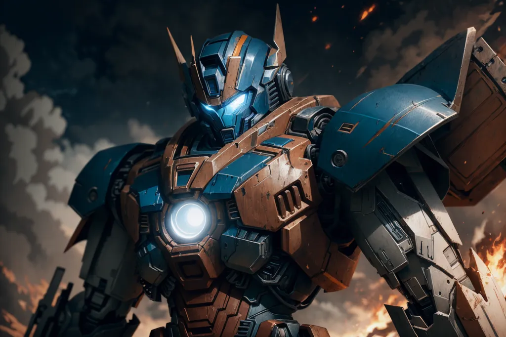 The image shows a robot or a man in a robot suit. The robot is brown and blue and has a glowing blue light on its chest. It is standing in a dark place with smoke or fire in the background. The robot is looking at the viewer.