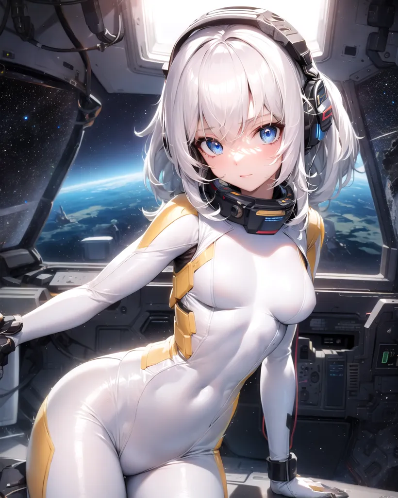 The image is a painting of a beautiful anime girl with white hair and blue eyes. She is wearing a white spacesuit with yellow stripes and black headphones. She is sitting in a spaceship and looking at the viewer. The background is a view of the Earth from space. The painting is done in a realistic style and the girl is very detailed. She has a shy expression on her face.