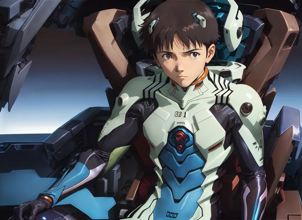 The image is of a young boy with brown hair and brown eyes. He is wearing a white and blue jumpsuit with a red circle on the chest. He is sitting in a cockpit of an Evangelion Unit-01, a giant robot. The robot is blue and white with green eyes. The boy is looking at the viewer with a serious expression.