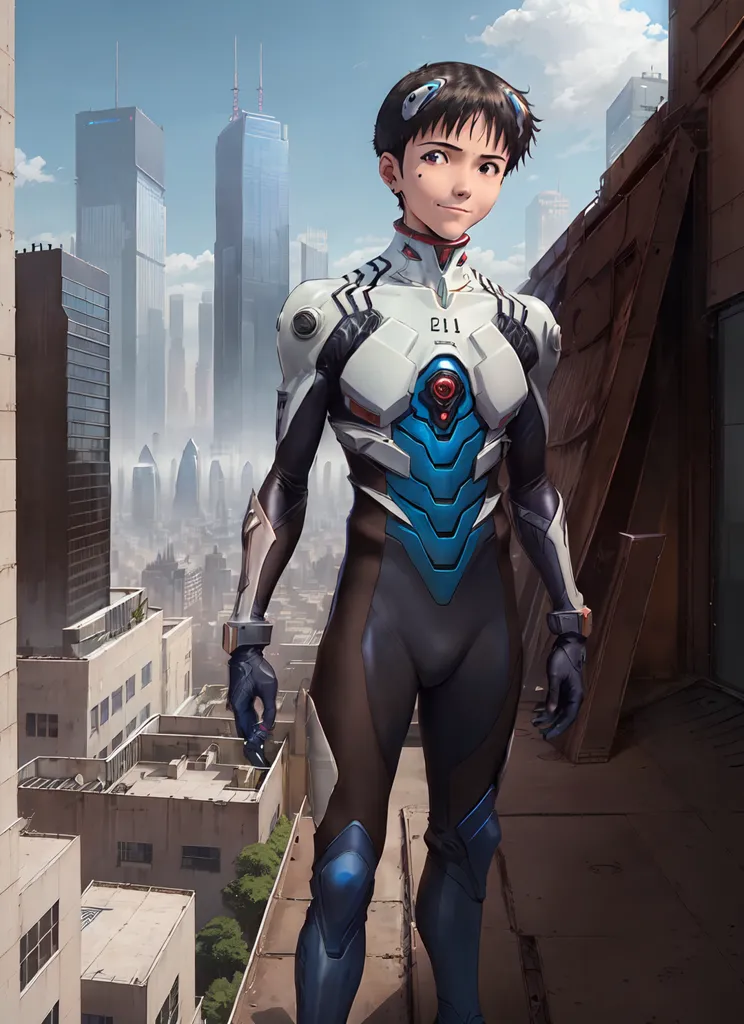 The image is of a young man standing on a rooftop in a futuristic city. He is wearing a black and blue bodysuit with a white collar and a blue visor. The bodysuit has various technological gadgets and lights on it. He is also wearing a pair of black boots. The city in the background is full of tall buildings and skyscrapers, and the sky is blue with some clouds.