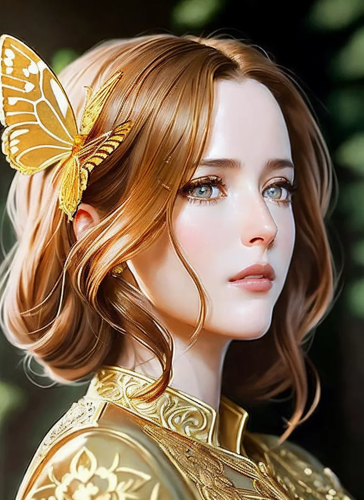 The image shows a beautiful young woman with long, wavy brown hair. She is wearing a gold butterfly hair clip and has light makeup on. She is wearing a gold dress with a white camisole. The background is blurry and looks like a forest.