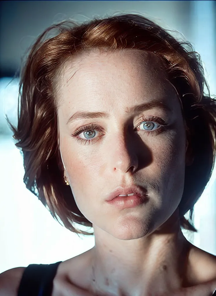 La imagen muestra a una mujer joven con el cabello corto y castaño y ojos azules. Lleva una camisa azul oscuro y tiene una expresión seria en el rostro. El fondo es de color azul claro. La fotografía está tomada a una distancia cercana, lo que hace que el rostro de la mujer sea el principal foco de la imagen. Los ojos de la mujer miran directamente a la cámara, lo que crea una sensación de intimidad entre el espectador y la mujer. La fotografía está bien iluminada, lo que resalta los detalles del rostro de la mujer. El efecto general de la imagen es de belleza y misterio.