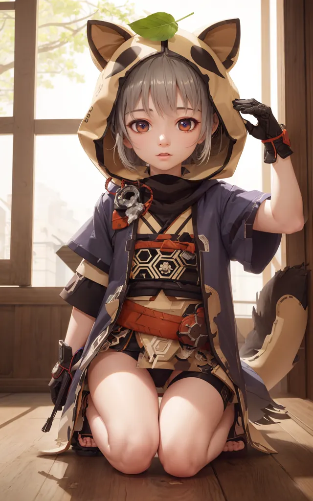 The image is of a young girl with cat ears and a leaf on her head. She is wearing a blue and brown kimono with a white obi and a pair of black gloves. She is kneeling on the ground and has a curious expression on her face. The background is a wooden floor with a window on the left side.