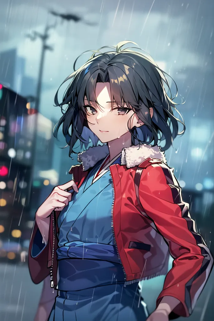 The picture shows a young woman, she seems to be a high school student. She has short black hair. She is wearing a red jacket, a blue kimono, and a white haori. It's raining outside and the street lights are reflecting off the wet pavement. The girl is looking at the camera with a slight smile on her face.