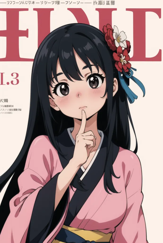 The image is of a young woman with long black hair and brown eyes. She is wearing a pink kimono with a white obi. There are some red and white flowers in her hair. She has a finger pressed to her lips, shushing the viewer. The background is white with a red banner at the top with the words "Febri" and the number "1.3" on it.