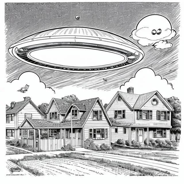 The image is in black and white. It shows a typical suburban neighborhood with three houses. There is a UFO hovering above the houses. The UFO is round and has a large dome on top. There are two small windows on the side of the UFO. The houses are all different sizes and styles. The one on the left is a small bungalow, the one in the middle is a two-story colonial, and the one on the right is a large ranch. The image is drawn in a realistic style and the details are clear and precise.