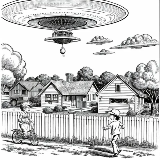 The image is in black and white. It shows a 1950s-style neighborhood with a flying saucer hovering above it. The flying saucer is round and has a large dome on top. It is surrounded by clouds. There are two boys in the image. One boy is riding a bicycle and the other is walking. They are both looking at the flying saucer. There are houses in the background. The houses are small and have peaked roofs. There are trees in the yards of the houses. The image is drawn in a realistic style.