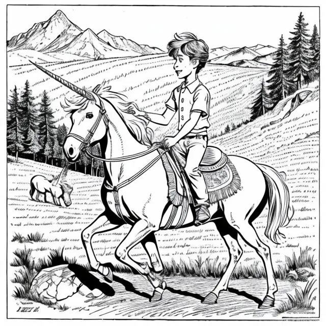 A boy is riding on a unicorn in a field. He is wearing a casual outfit and is smiling. The unicorn is galloping and looks happy. In the background, there is a mountain range. The image is in black and white.