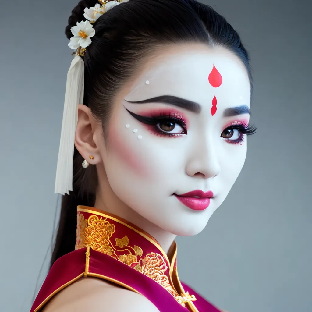 Uma jovem mulher com longos cabelos pretos e flores brancas em seu cabelo está usando maquiagem tradicional chinesa. Seu rosto está pintado de branco com um ponto vermelho na testa e sombra vermelha e rosa nos olhos. Ela está usando um cheongsam vermelho e dourado.