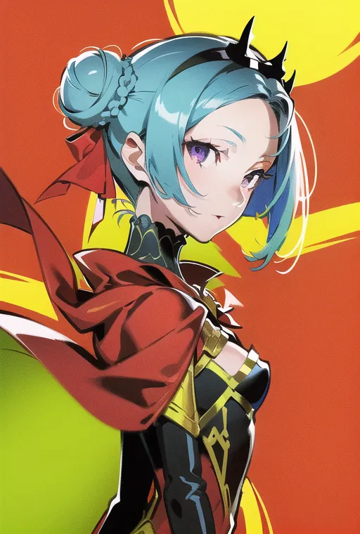 The image is of a young woman with blue hair and purple eyes. She is wearing a red and black outfit with a yellow cape. She has a serious expression on her face and is looking to the left. The background is a bright yellow and orange color.