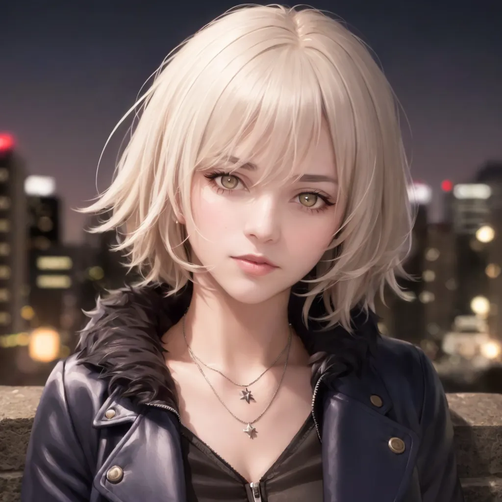 The image is a digital painting of a young woman with short blonde hair and green eyes. She is wearing a black leather jacket with a fur collar and a white shirt. The background is a blurred cityscape at night. The woman is looking at the viewer with a slightly sad expression.