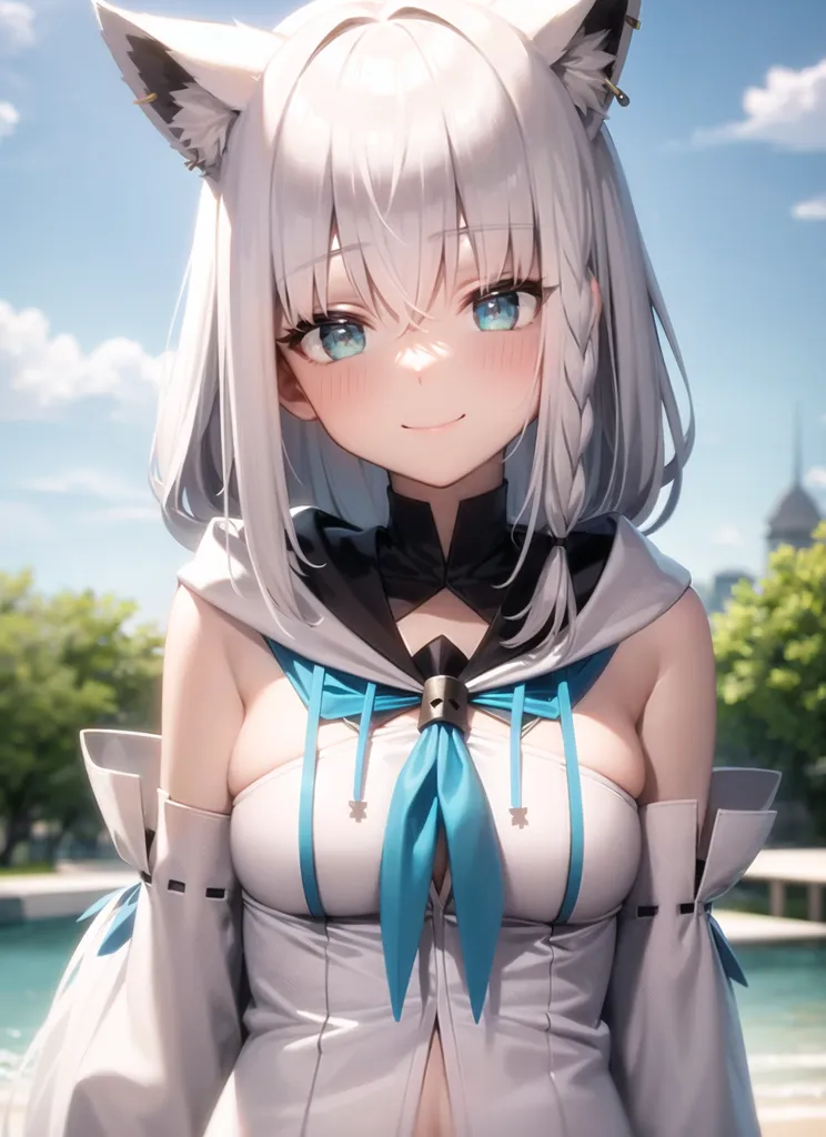 The image is of a young woman with white hair and blue eyes. She has fox ears and is wearing a white and blue outfit. She is standing in a park with a large building in the background.