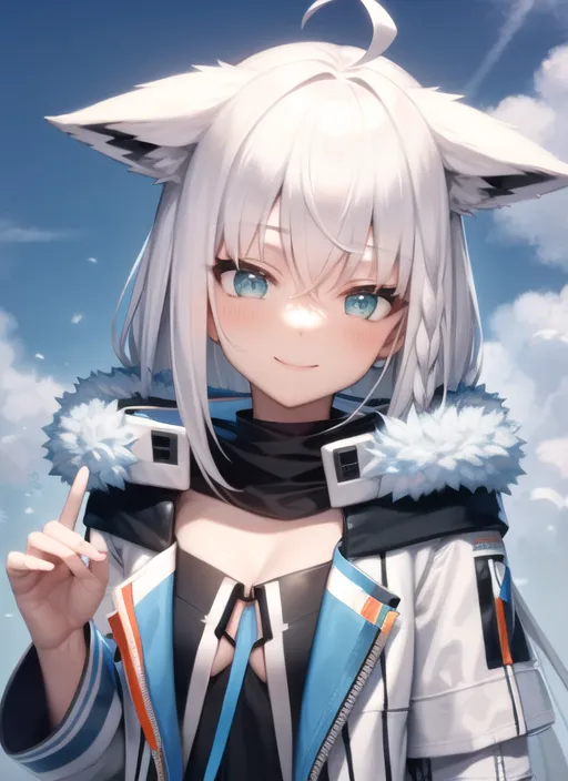 The image is of a young woman with white hair and blue eyes. She has fox ears and is wearing a white and blue jacket. She is smiling and pointing with one finger. The background is a blue sky with white clouds.