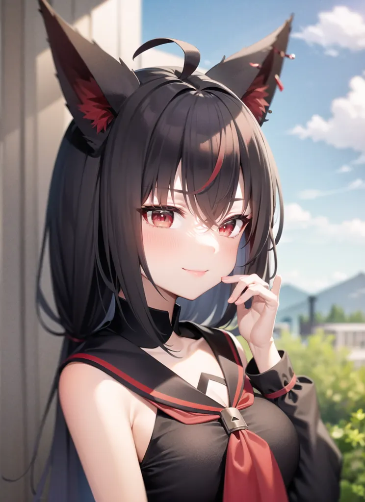 The image is of an anime-style girl with black hair and red eyes. She has cat ears and is wearing a black and red sailor-style outfit. She is standing in a room with a large window behind her. The window is open and there is a view of a city in the background. The girl is smiling and has a finger to her lips.