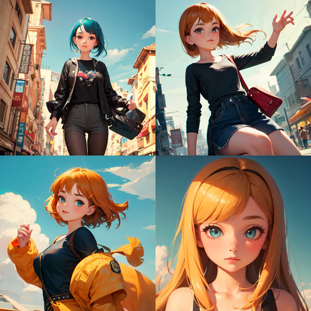 La imagen muestra a cuatro chicas anime diferentes. La primera tiene el cabello azul y lleva una chaqueta negra, una camiseta gris y pantalones cortos negros. También lleva una bolsa negra. La segunda chica tiene el cabello naranja y lleva una camisa negra, pantalones cortos de mezclilla, un bolso rojo y una chaqueta de mezclilla. La tercera chica tiene el cabello naranja y lleva una chaqueta amarilla, una camiseta blanca y pantalones cortos negros. La cuarta chica tiene el cabello rubio y lleva una camiseta de tirantes blanca. Todas las chicas están dibujadas en un estilo realista y tienen detalles detallados.