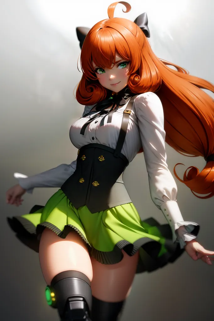 The image is of a young woman with long red hair and green eyes. She is wearing a white blouse, a green skirt, and a black vest. She is also wearing a pair of black boots and a green bow in her hair. She has a confident expression on her face and is standing with one hand on her hip and the other extended in front of her.