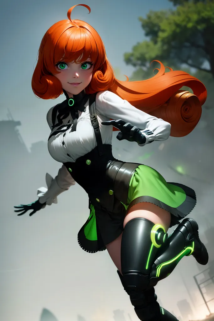 This image depicts a young woman with an orange hair, green eyes, and a beauty mark on her left cheek. She is wearing a white blouse, a green skirt, and black boots. She also has a pair of black gloves and a green belt. She is standing in a fighting stance, with her right leg forward and her left leg back. Her arms are outstretched, with her right hand in a fist and her left hand open. She has a determined expression on her face, and it looks like she is ready to fight.