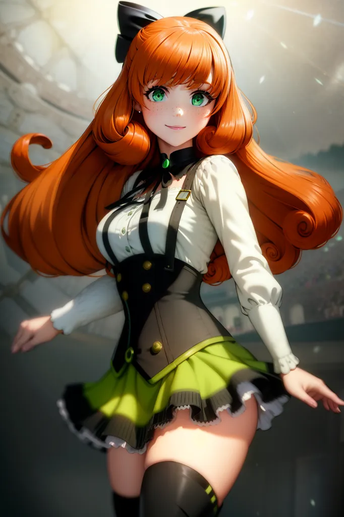 The image shows a young woman with orange hair and green eyes. She is wearing a white blouse, a green vest, and a short green skirt. She is also wearing a brown belt and a black bow in her hair. She is standing in a confident pose with a slight smile on her face. Her expression is happy. She is standing in a well-lit area with a blurred background.