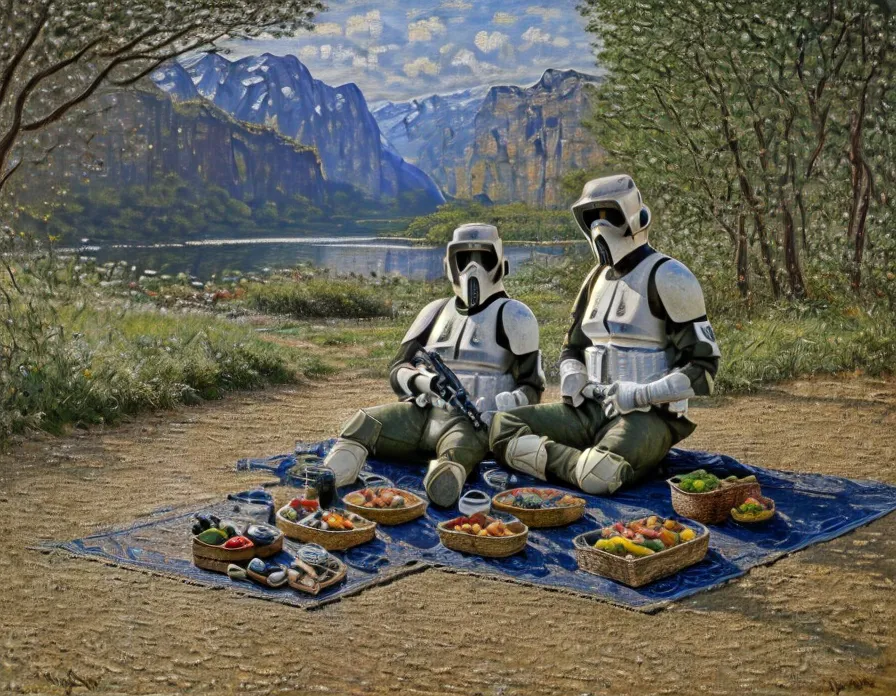 The image shows two stormtroopers from Star Wars having a picnic on a distant planet. They are sitting on a blanket in the middle of a field, surrounded by trees and mountains. There is a lake in the distance and a blue sky with white clouds overhead. The stormtroopers are both wearing their white armor and carrying their blasters. They are sitting on a blanket and there is a picnic basket full of food in front of them.