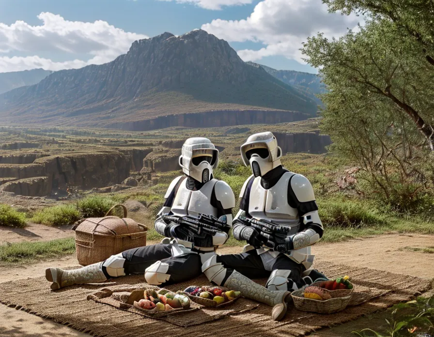 The image shows two stormtroopers from the Star Wars universe. They are sitting on a blanket in the middle of a desert landscape. They both have their helmets on and are wearing white armor. They are each holding a gun. In front of them is a picnic basket and a spread of food. There is a large mountain in the background.