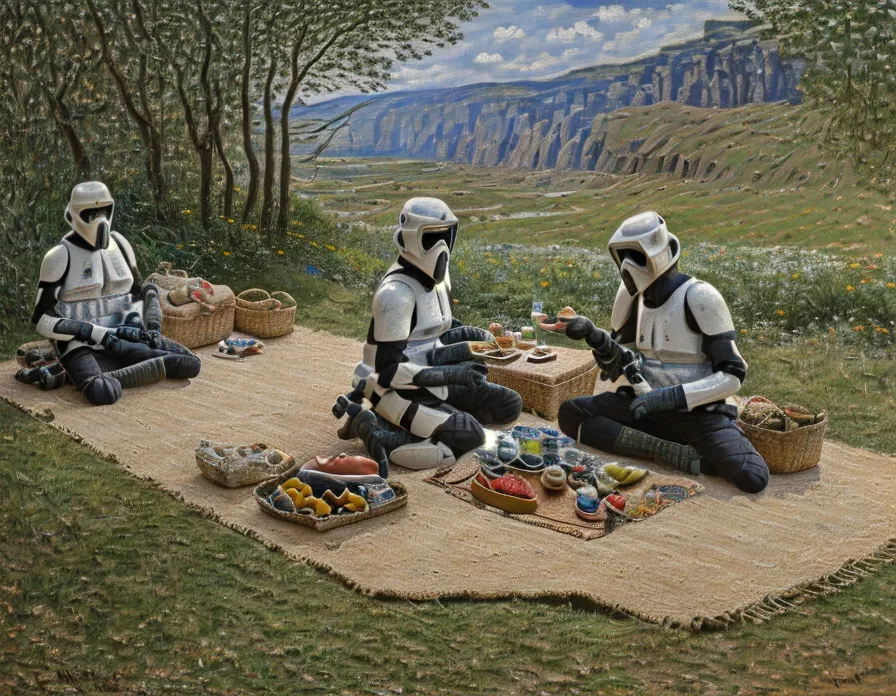 The image shows three stormtroopers from Star Wars having a picnic on a lush green field. They are all wearing their white armor and sitting on a blanket, eating food from baskets. In the background, there are large mountains.