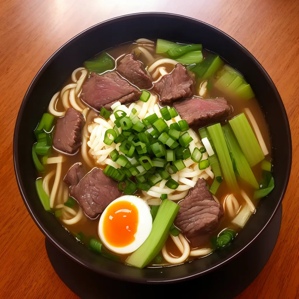 Ada semangkuk ramen di atas meja kayu. Ramen tersebut berisi mie, daging sapi, bok choy, dan bawang daun. Ada juga telur rebus lembut di dalam mangkuk. Kuahnya berwarna coklat muda.