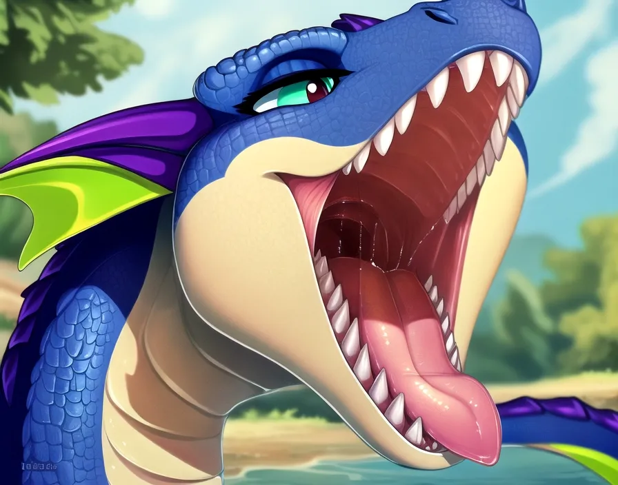 The image is a close-up of a blue and purple dragon's mouth. The dragon's mouth is wide open, and its teeth are bared. The dragon's tongue is hanging out of its mouth, and it is dripping with saliva. The background of the image is a blur of green leaves and blue water.