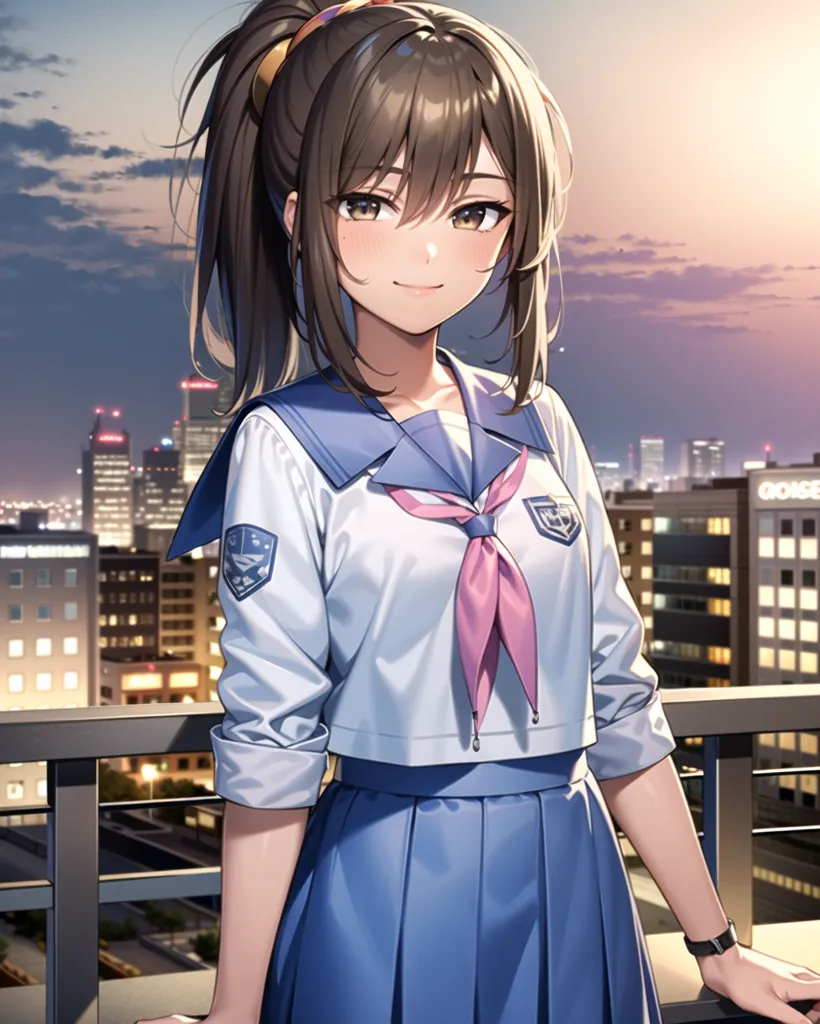 The image shows a young girl with long brown hair tied in a ponytail. She is wearing a white blouse with a blue collar and a pink ribbon, and a blue skirt. She is standing on a rooftop, with a cityscape in the background. The sun is setting, and the sky is a gradient of orange and pink. The girl is smiling.