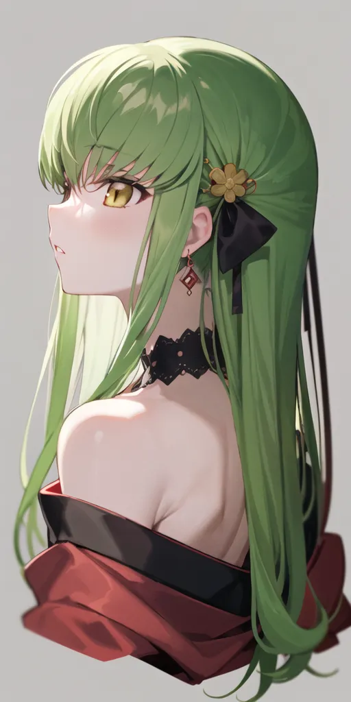 The image shows a young woman with long green hair and yellow eyes. She is wearing a black and red kimono-style dress with a white obi sash and a large yellow flower in her hair. She is also wearing a black choker with a red gem in the center. The background is a light gray.