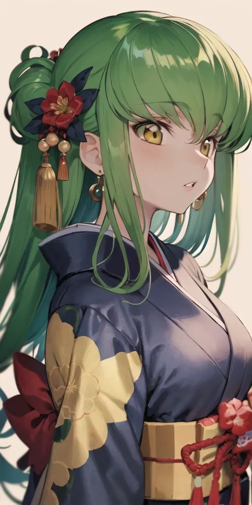 The image shows a young woman with green hair and yellow eyes. She is wearing a blue kimono with a yellow and white floral pattern. There is a red obi tied around her waist and a red ribbon in her hair. She is also wearing a pair of earrings. The background is a solid light pink color.