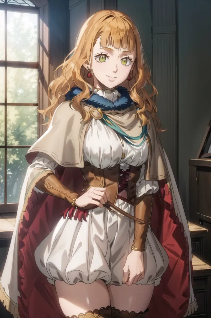 The image shows a young woman with long wavy blond hair and green eyes. She is wearing a white dress with a brown corset and a white cape with a red lining and fur trim. She is also wearing brown boots and has a book in her hand. She is standing in a library, and there is a window to her left.