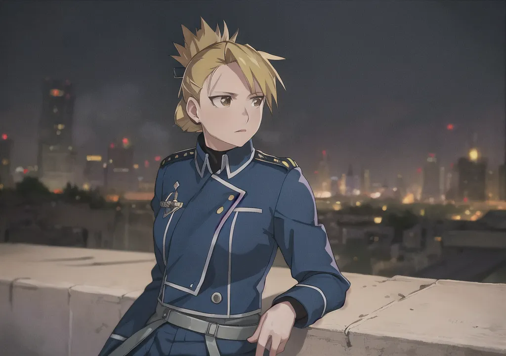 The image shows a young woman with short blonde hair and brown eyes. She is wearing a blue military uniform with a white belt and a yellow armband with a red circle on it. She is standing on a rooftop, looking out over a city at night. The city is in the background and is out of focus. The woman is in the foreground and is in focus. She is looking to the right of the frame and is not smiling. She has a serious expression on her face.