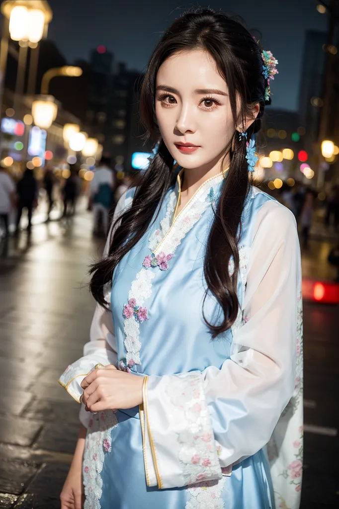 A young woman is wearing a traditional Chinese dress (旗袍）. The dress is blue with white and pink floral embroidery. The woman has long black hair with a white and pink flower hairpiece. She is wearing light makeup and has a gentle smile on her face. The background of the image is blurred, with a few blurry lights.