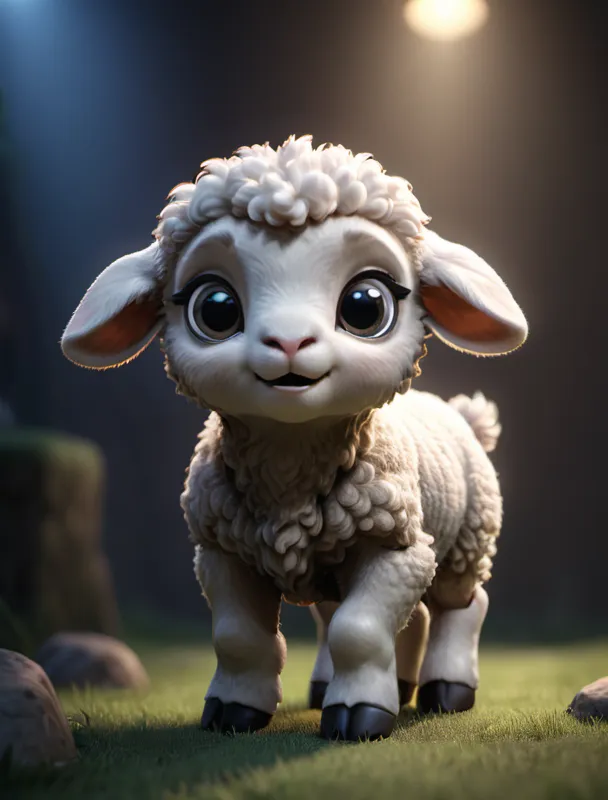 This image shows a baby lamb. It has big eyes and fluffy white wool. It is standing on green grass and looking at the camera. The lamb is very cute and looks like it is smiling.