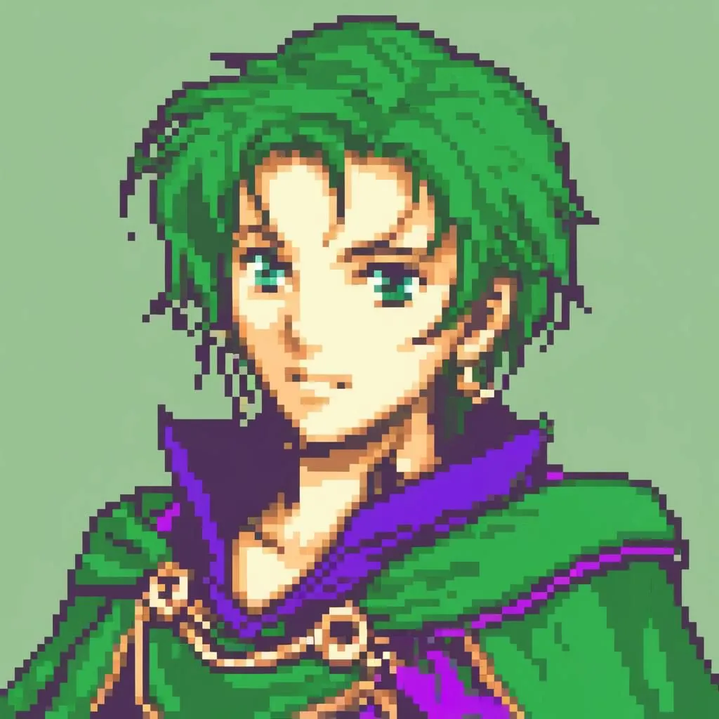 This is a pixelated image of a young man with green hair and green eyes. He is wearing a green tunic with a purple cape. He has a determined expression on his face. He looks like he is from an anime or video game.