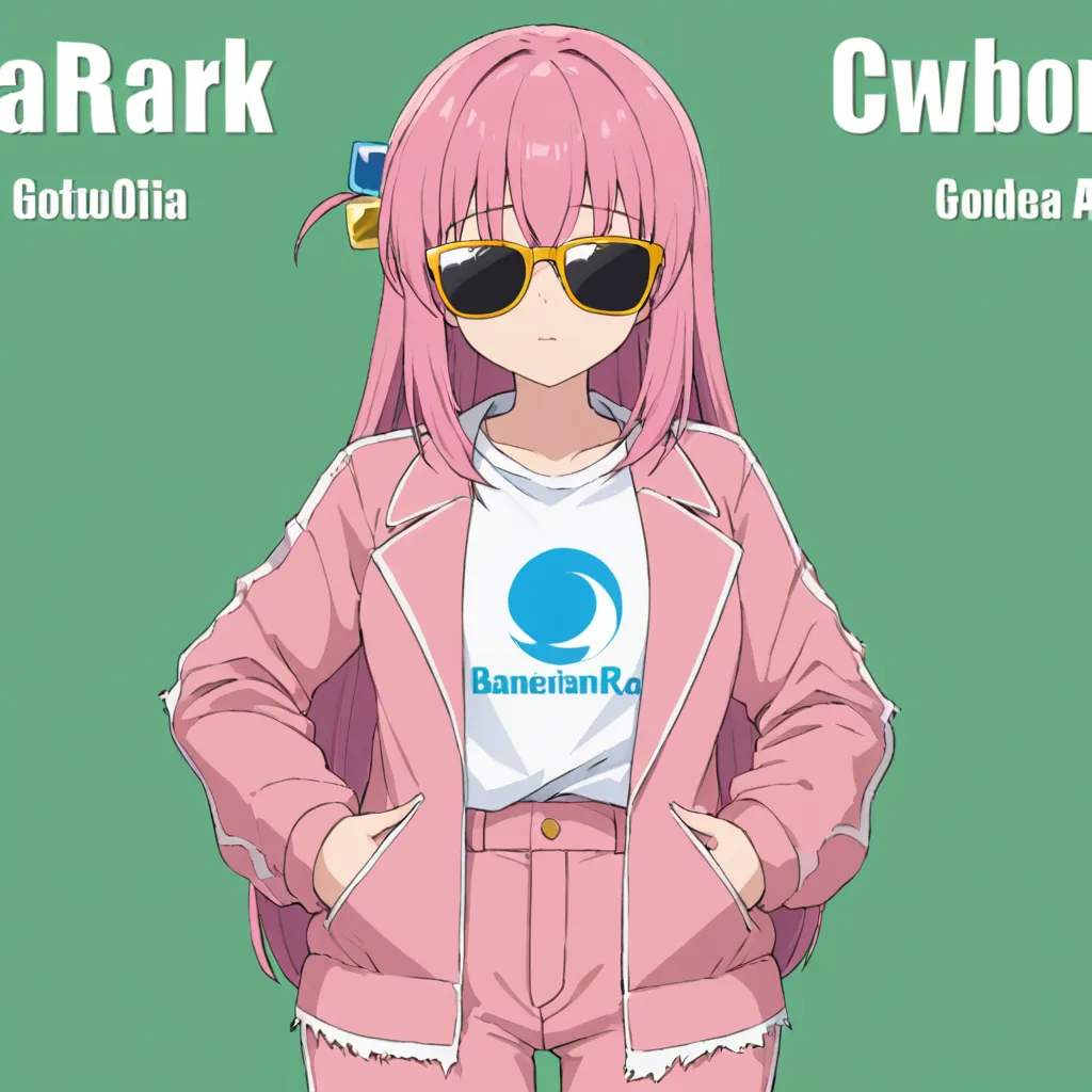 The image shows an anime girl with pink hair and sunglasses. She is wearing a pink jacket, white shirt, and blue pants. She has her hands in her pockets and is looking at the viewer. The background is a light green color.