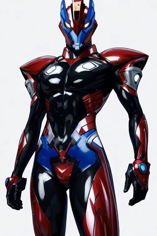 The image shows a superhero wearing a red and blue suit. The suit has a black stripe down the middle and a blue stripe on each side. The superhero also has a blue helmet with a red visor. The superhero is standing in a powerful pose, ready to fight crime.