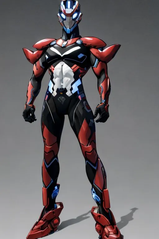 The image shows a superhero wearing a red and blue suit of armor. The armor has a metallic sheen and is detailed with blue lights. The superhero is standing in a powerful pose, with his feet shoulder-width apart and his fists clenched. His head is turned slightly to the right, and he is looking at the viewer with a determined expression.