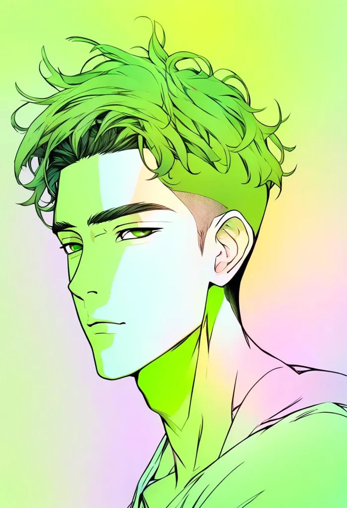 This is a picture of a man with green hair and green eyes. He has a light green undercut and his hair is styled in a way that it looks like it's blowing in the wind. He's wearing a white shirt and has a serious expression on his face. The background is a gradient of light green and pink.