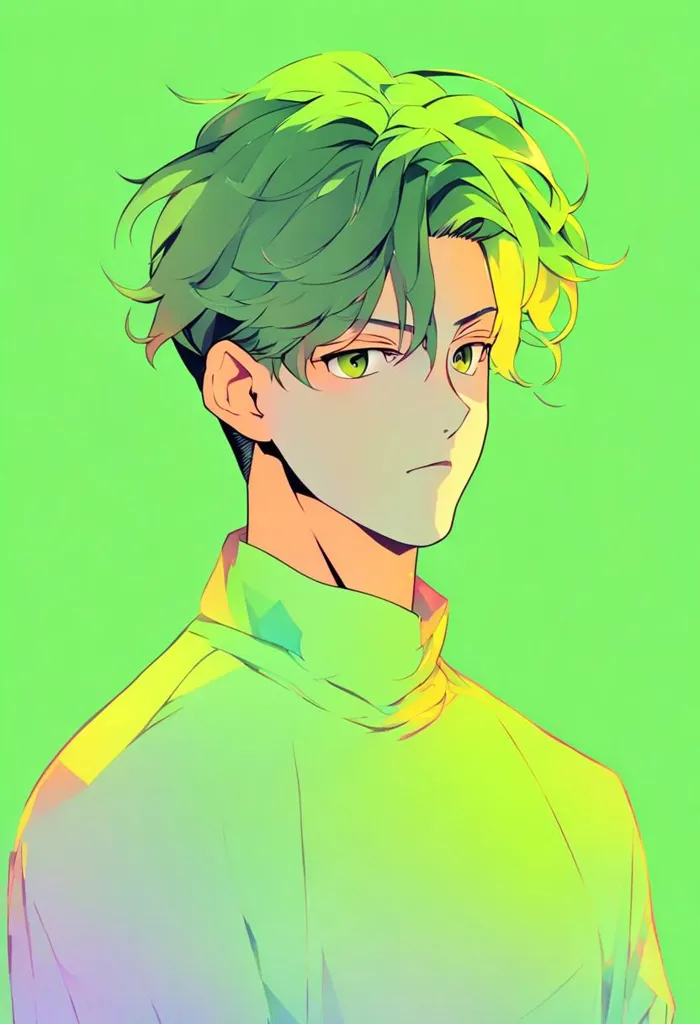 This is a picture of a young man with green hair and eyes. He is wearing a green turtleneck shirt. The background is also green. The man's expression is serious.