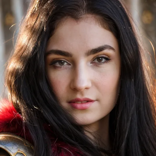 This image shows a young woman, probably in her late teens or early twenties. She has long, dark brown hair, light brown eyes, and a fair complexion. She is wearing a red and brown outfit that looks like a costume. She has a serious expression on her face and is looking at the camera.