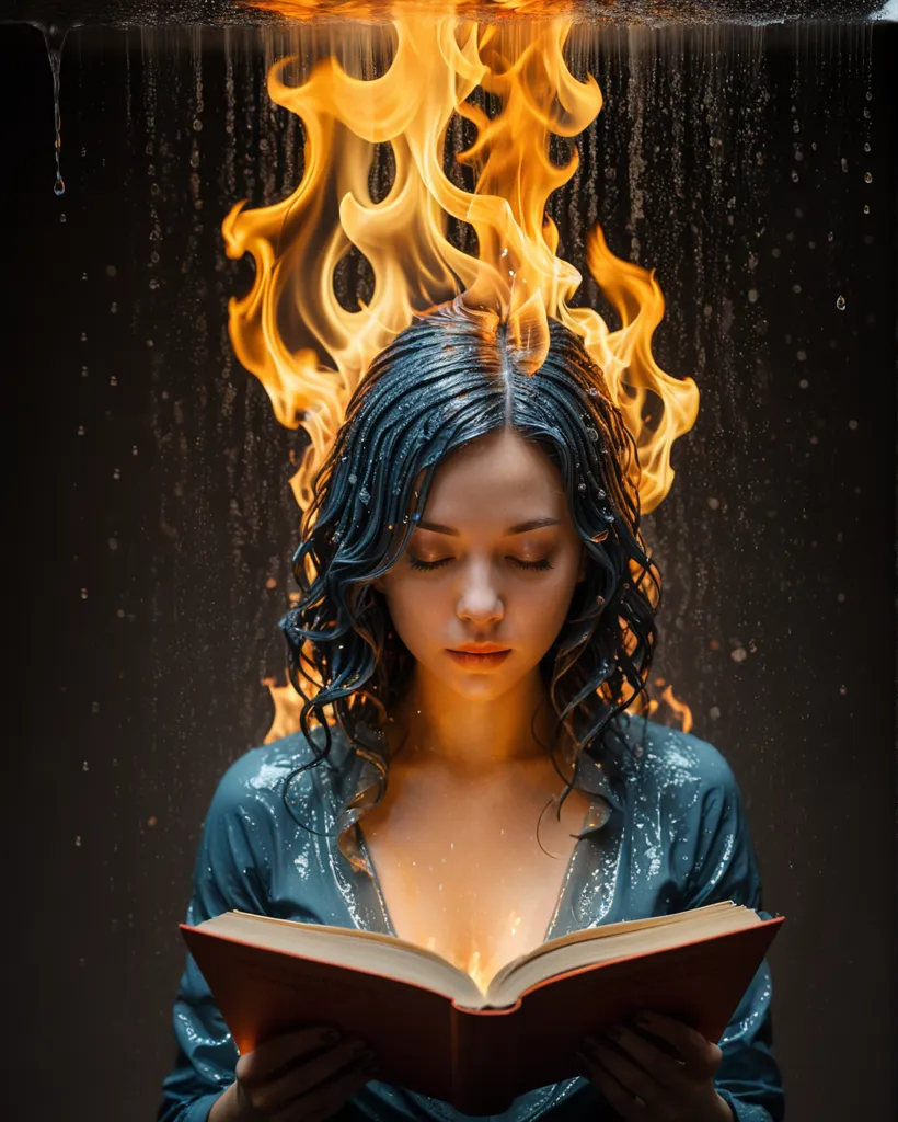 A young woman is reading a book. She is soaked in water and her hair is on fire. The water is dousing the flames but the woman is not in pain. She is completely absorbed in the book.