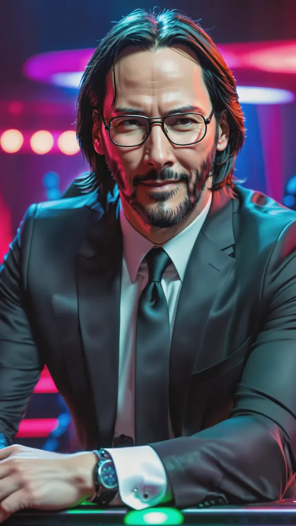 The image shows Keanu Reeves, a Canadian actor, in a scene from the movie "John Wick". He is wearing a black suit and tie, and has a beard and long hair. He is sitting at a table, with his hands folded in front of him. He is looking at the camera with a serious expression. The background is blurred, with a few lights out of focus.