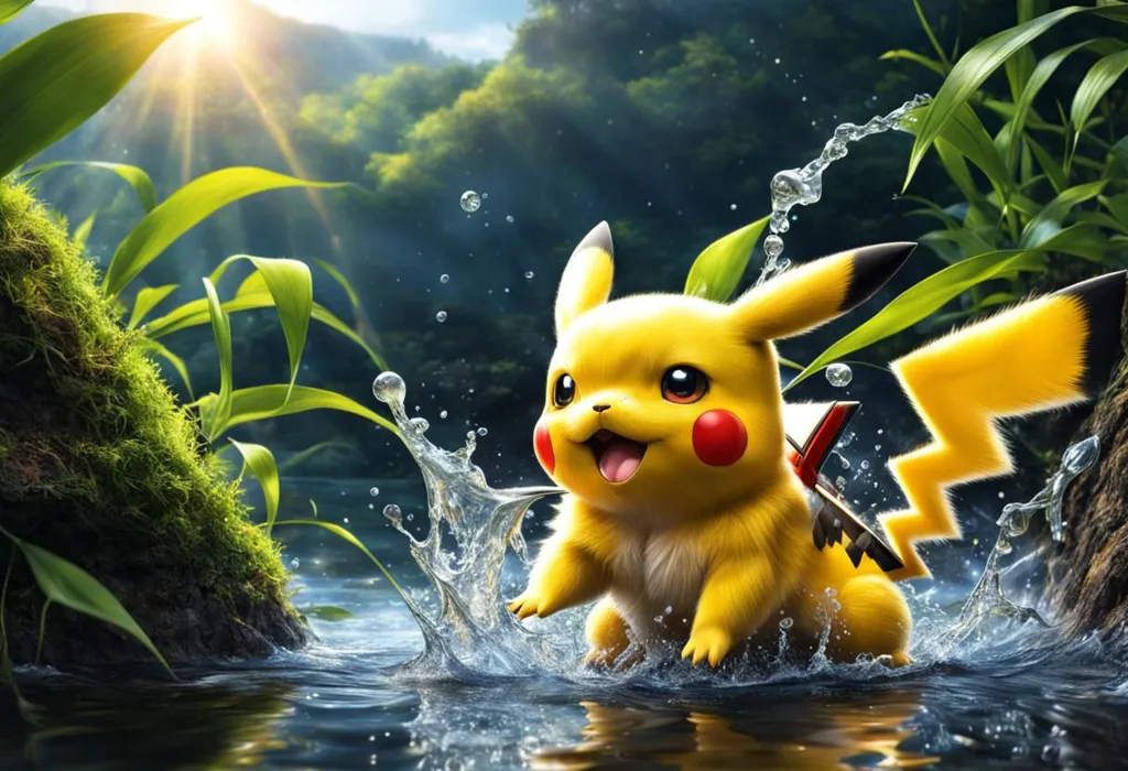 The image shows a Pikachu, which is a character from the Pokémon franchise. It is a small, yellow creature with a lightning bolt-shaped tail. It is standing in a river and splashing water with its paws. The background is a lush green forest. The sun is shining through the trees